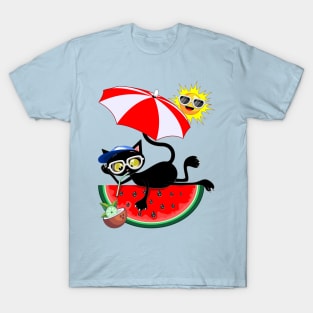 Cat Cartoon and Juicy Watermelon Summertime Chill Humorous Character T-Shirt